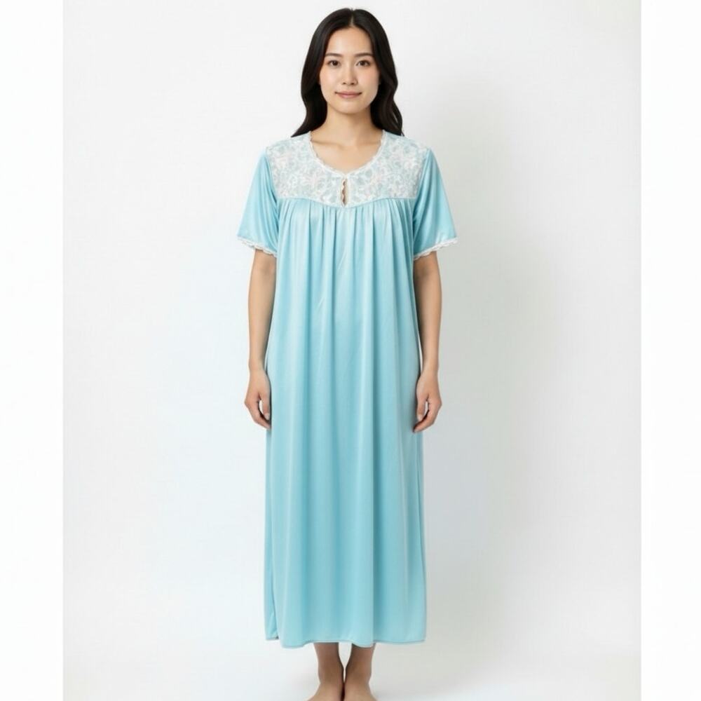 Haband Nightgown Lace Satin Finish Dress Womens Size Medium Blue/White Sleepwear